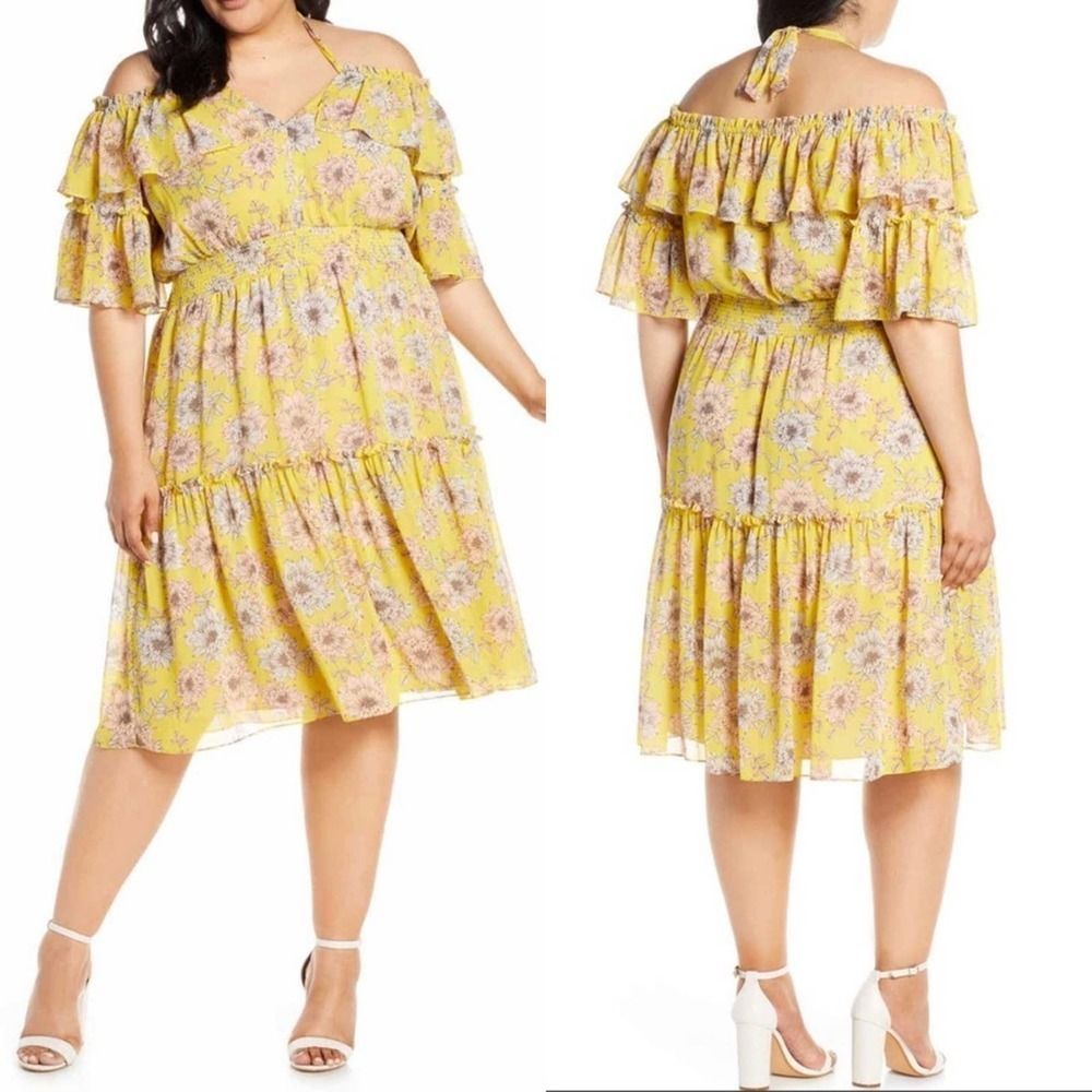 Chelsea28 sz 22W yellow floral off shoulder dress